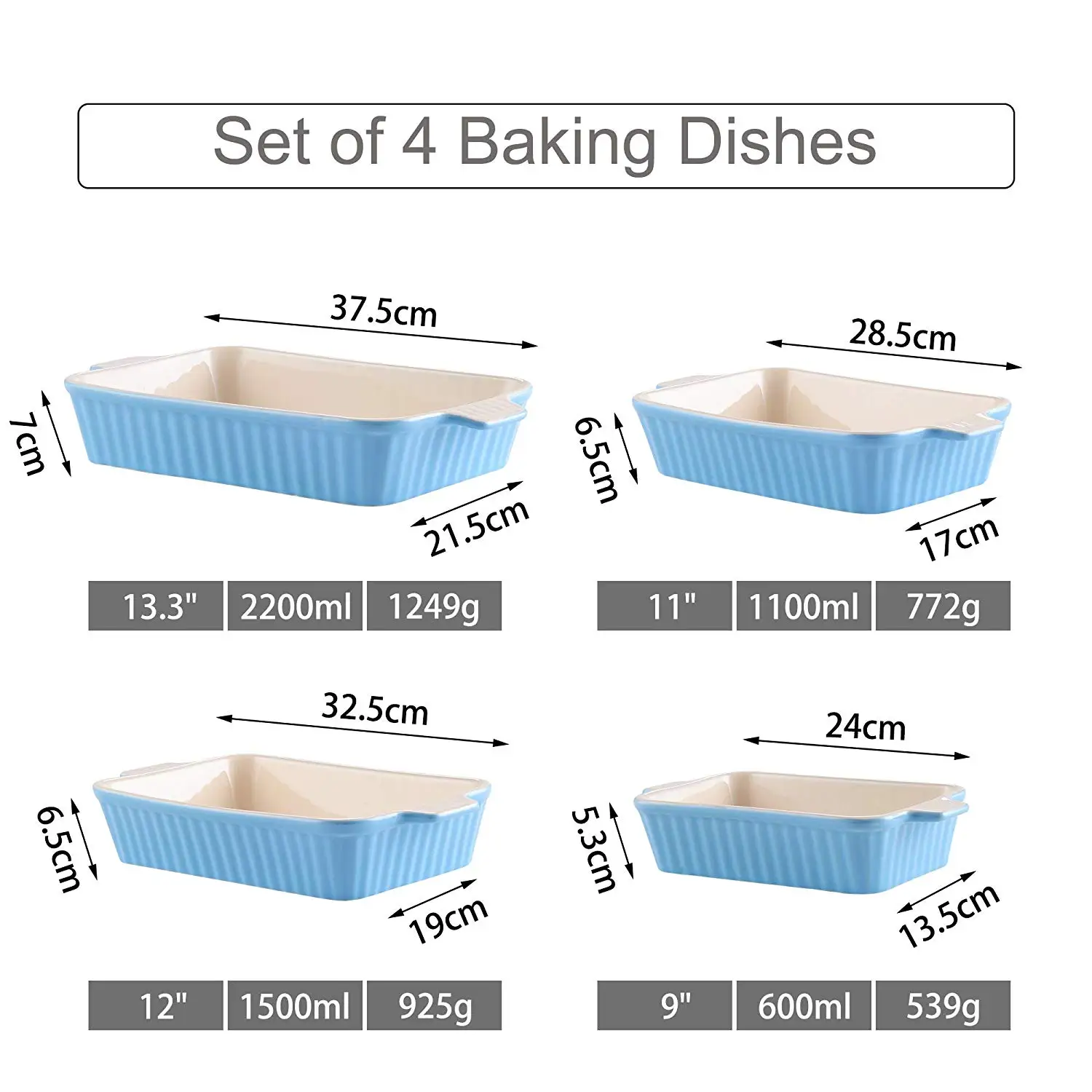MALACASA 4-Piece Table Baking Dish Plate Set with Ceramic Handle Oven to Ideal for Lasagne/Pie/Casserole/Tapas(9"/11"/12"/13.3") - Image 3