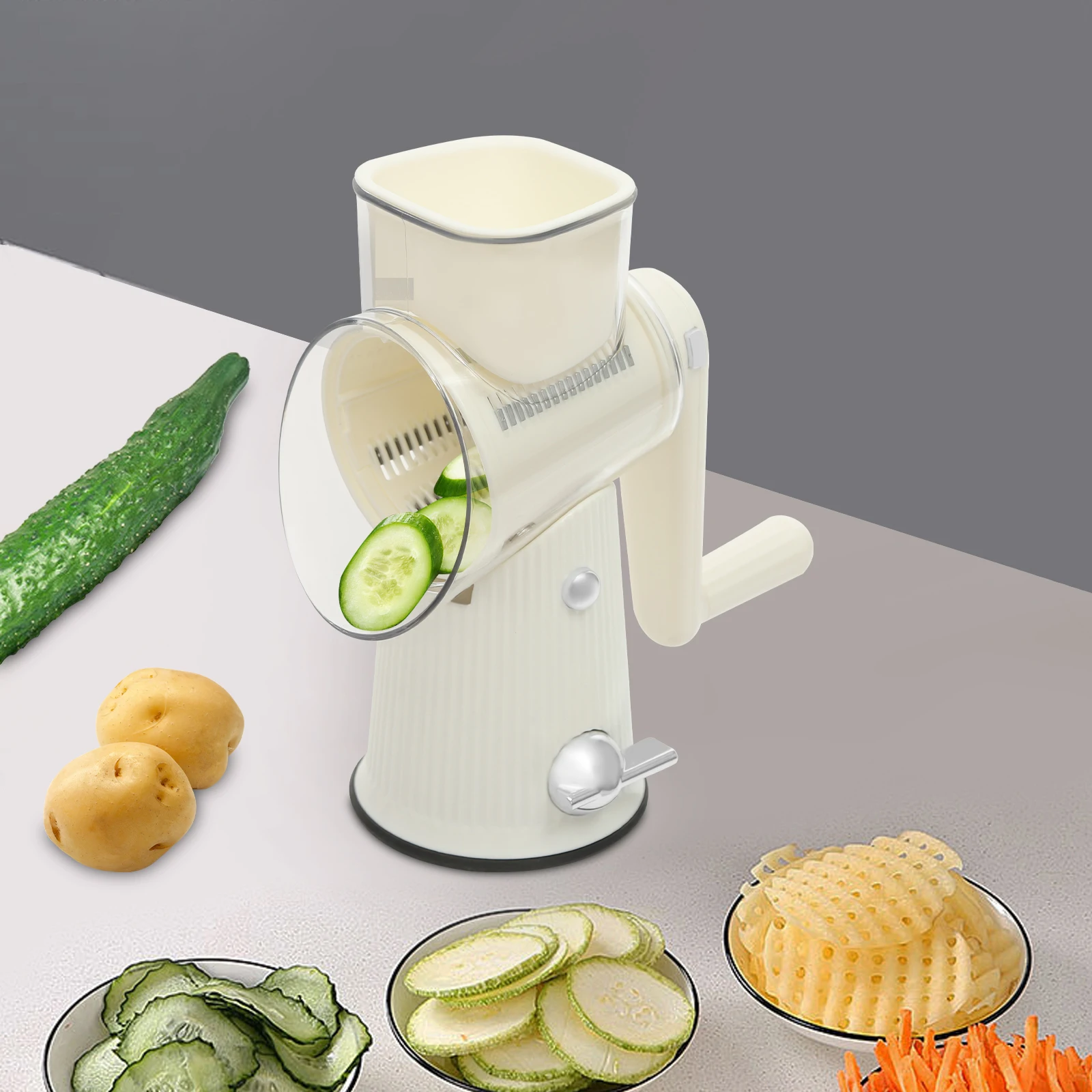 Rotary Cheese Grater Manual Cheese Vegetable Slicer Food Chopper with 5 Interchangeable BladesĀ & Suction Cup Base for Kitchen