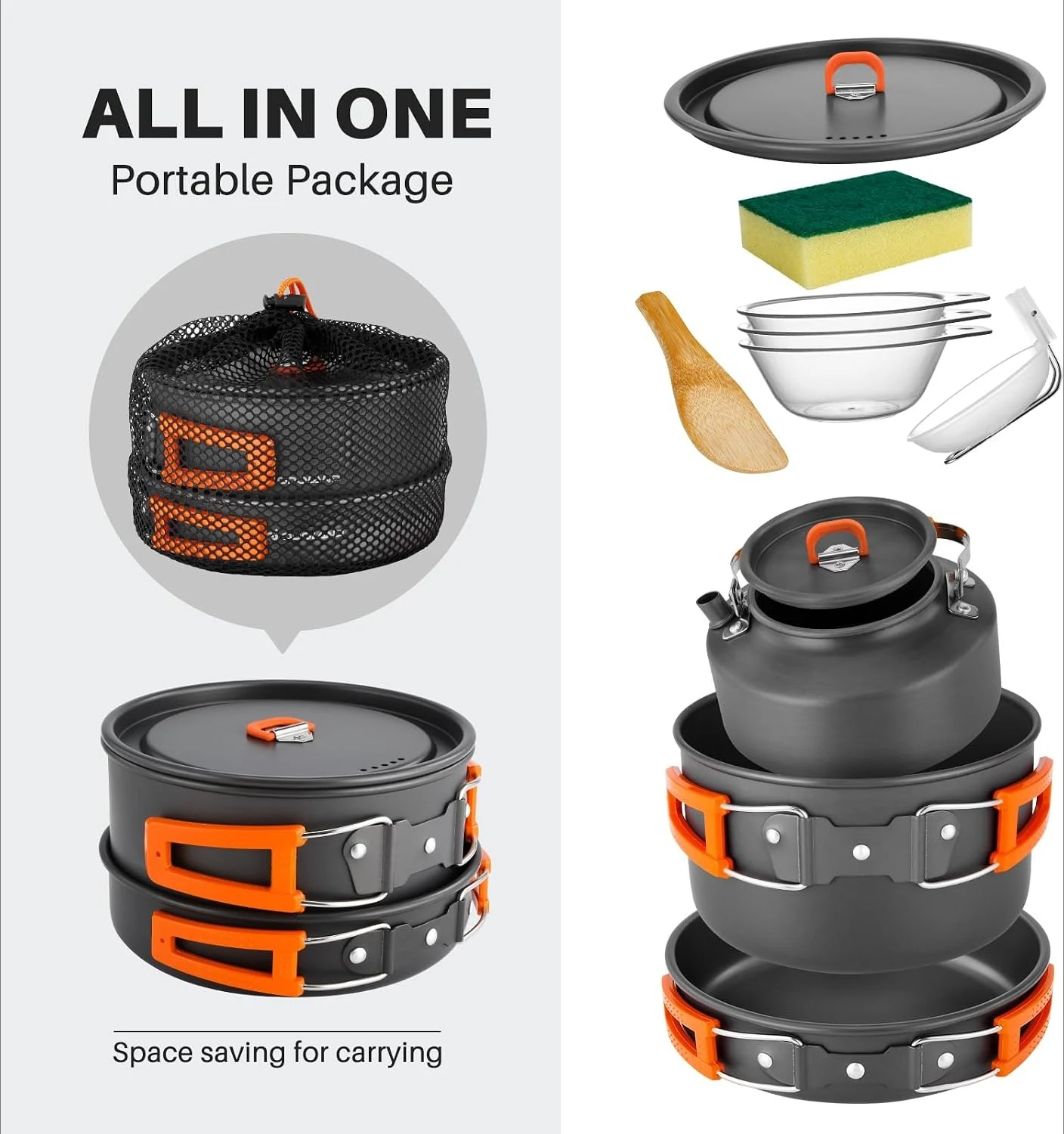 Open Fire Compatible 10Pcs Camping Cookware Set Stackable Outdoor Pots Pans Kit With Kettle Bowls Spoon For Hiking Backpacking Family Picnic - Image 3