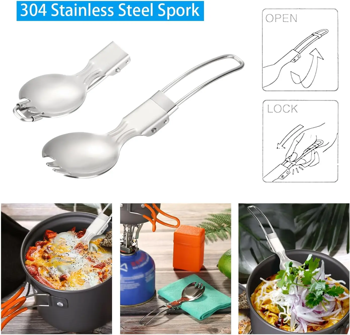 Lightweight 6Pcs Camping Cookware Mess Kit With Cooking Pot Backpacking Stove Multi Spork And Mesh Carry Bag For Solo Outdoor Camping Hiking Picnic - Image 2