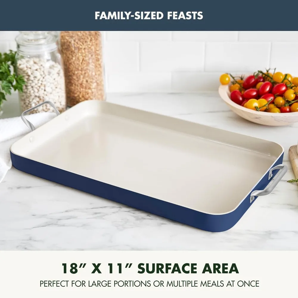 18x11 Double Burner Griddle Pan, Hard Anodized Healthy Ceramic Nonstick PFAS-Free, Stainless Steel Handles, Stovetop Cooking, Dishwasher Safe, Oven & Broiler Safe, Oxford Blue - Image 5