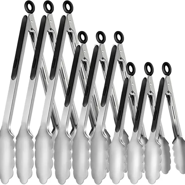 9 Pieces Stainless Steel Kitchen Tongs Grilling Locking Cooking Tongs Non-Slip Metal Food Tongs for Cooking, Salad and BBQ, 7, 9 and 12 Inch