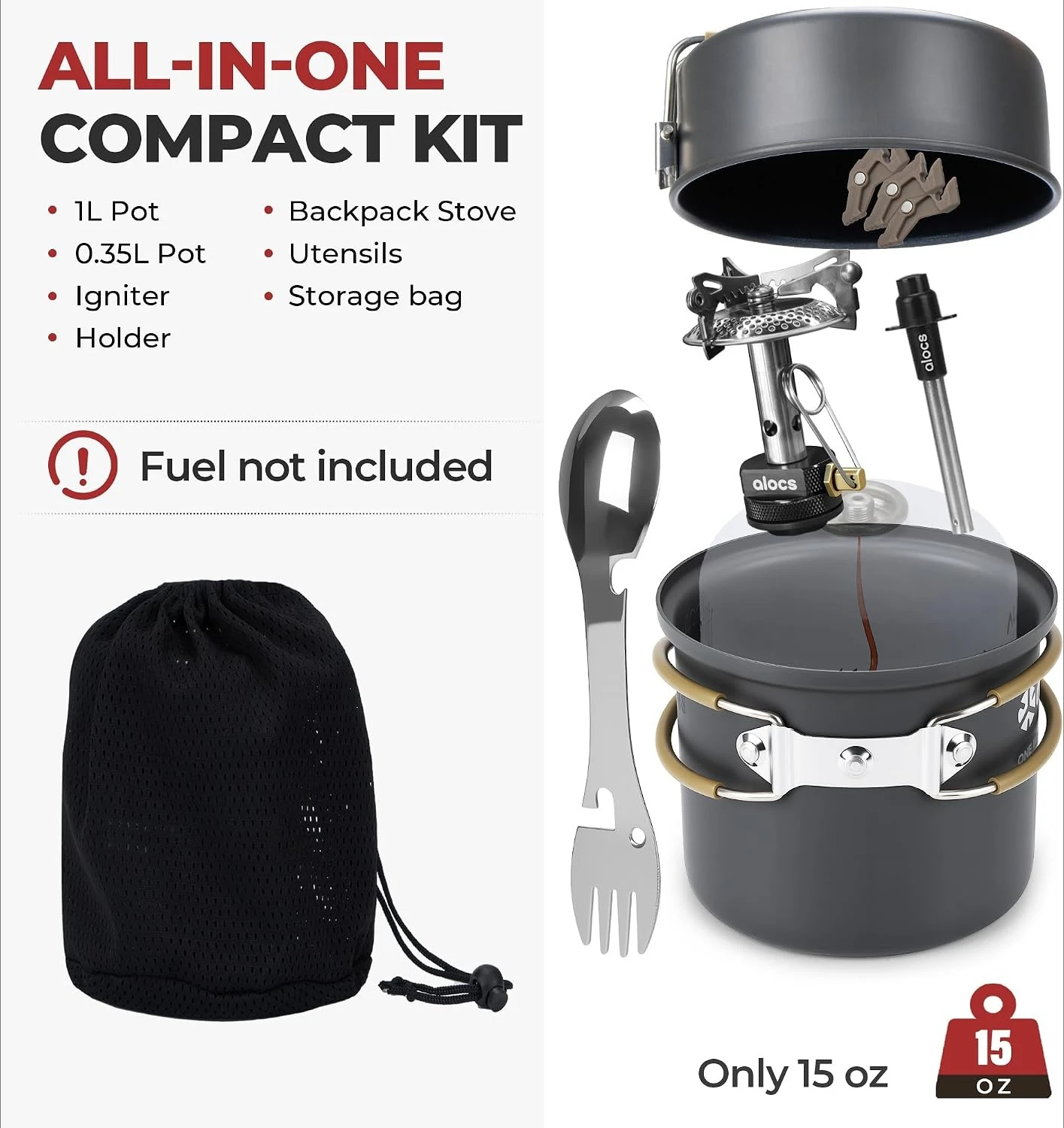 Lightweight Non Stick 9Pcs Camping Cookware Mess Kit With 3200W Backpacking Stove Gas Can Support Igniter 5 In 1 Spork For Solo Outdoor Camping Hiking Picnic - Image 3