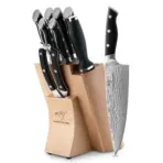 9pcs Damascus kitchen knife set with wooden storage knife holder. Includes chef's knife, meat cleaver, bread knife, kitchen scissors, and sharpening rod. Complete set of kitchen tools suitable for daily food handling in the kitchen or dining area