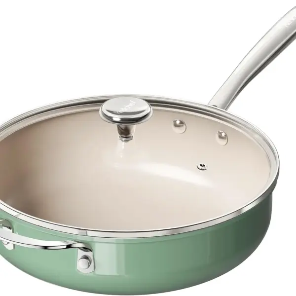 5QT Nonstick Ceramic Saute Pan with Lid, Deep Frying Pan, Oven & Dishwasher Safe, PFAS PFOA PTFE Free, Green