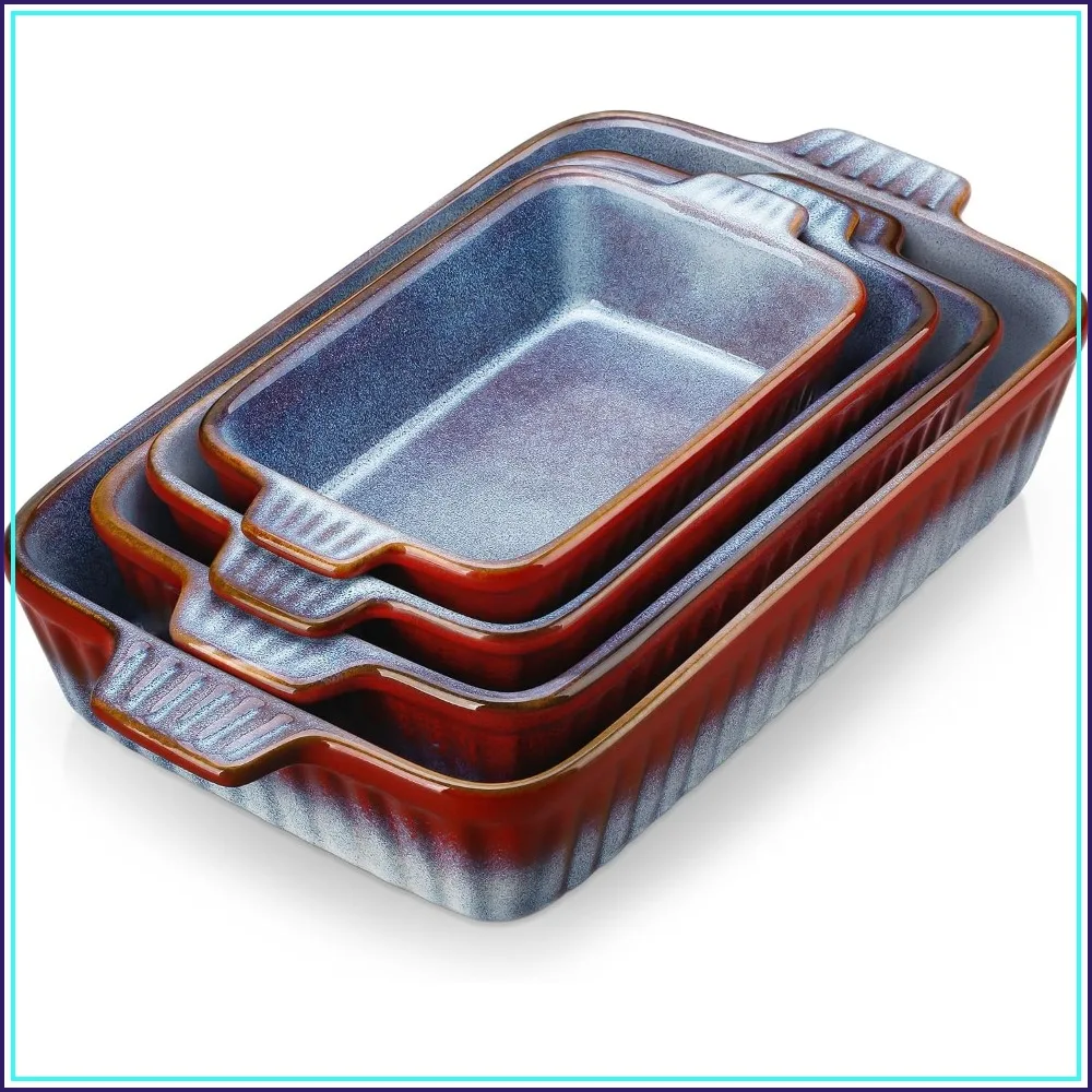 Reactive Glaze Ceramic Baking Dishes Set of 4, Gradient Red & Blue, Oven & Microwave Safe, Lasagna Pans with Handles