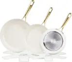 5Pcs Ceramic Nonstick Frying Pan Set with Stainless Steel Handle, Oven Safe Induction Cookware, Cream White