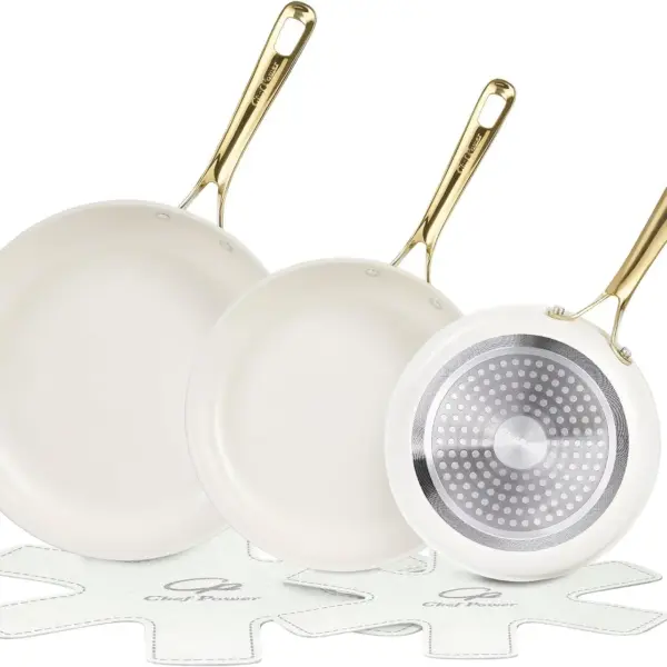 5Pcs Ceramic Nonstick Frying Pan Set with Stainless Steel Handle, Oven Safe Induction Cookware, Cream White