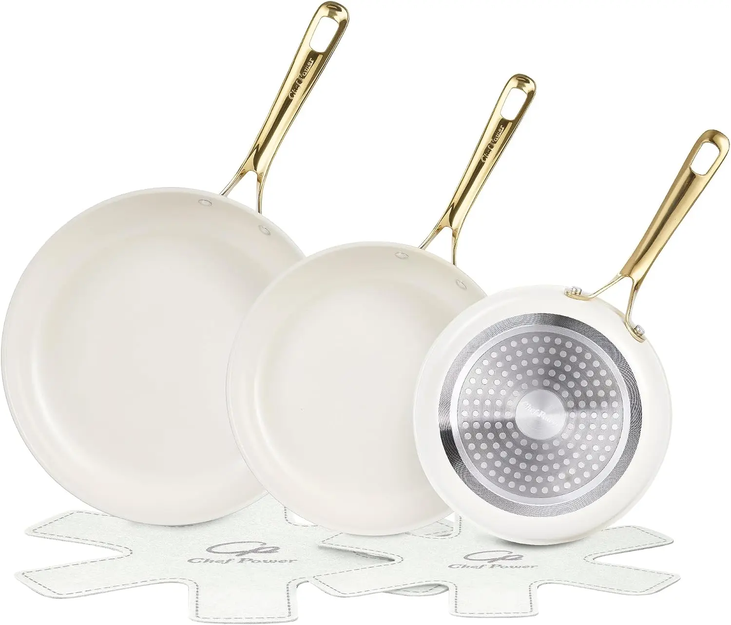 5Pcs Ceramic Nonstick Frying Pan Set with Stainless Steel Handle, Oven Safe Induction Cookware, Cream White