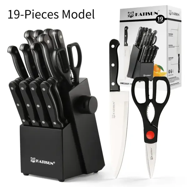 Katisun 19 Pieces Carbon Steel Kitchen Knife Set with Block Built-in Sharpener Meat Fork Professional Chef Home Cooking