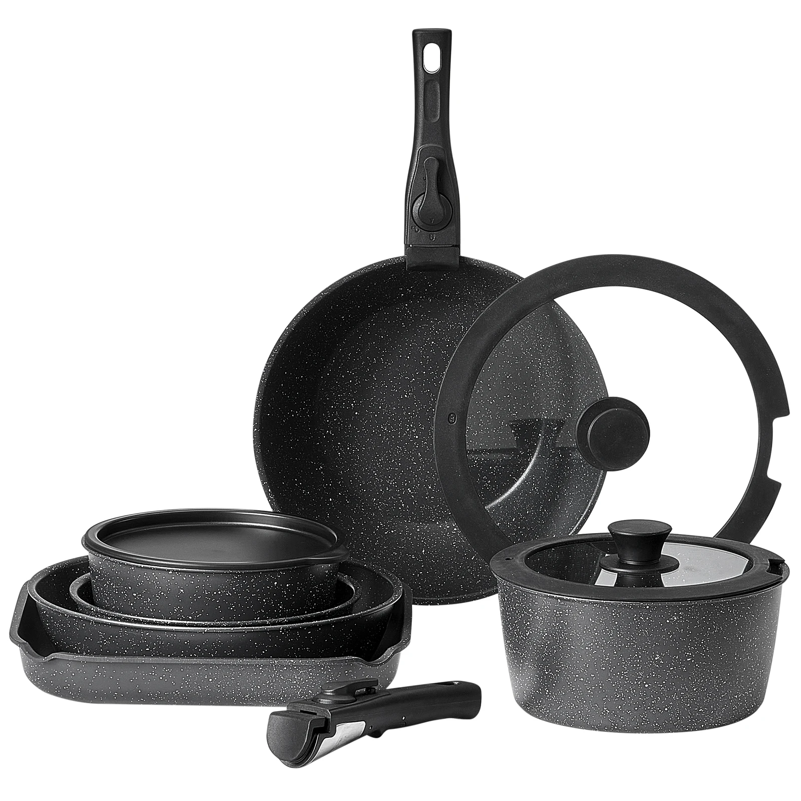 SucceBuy 17 Pcs Nonstick Cookware Set Granite Pots and Pans Set Induction Cookwares Kitchen Cooking Set w/Frying Sauce Saute Pan