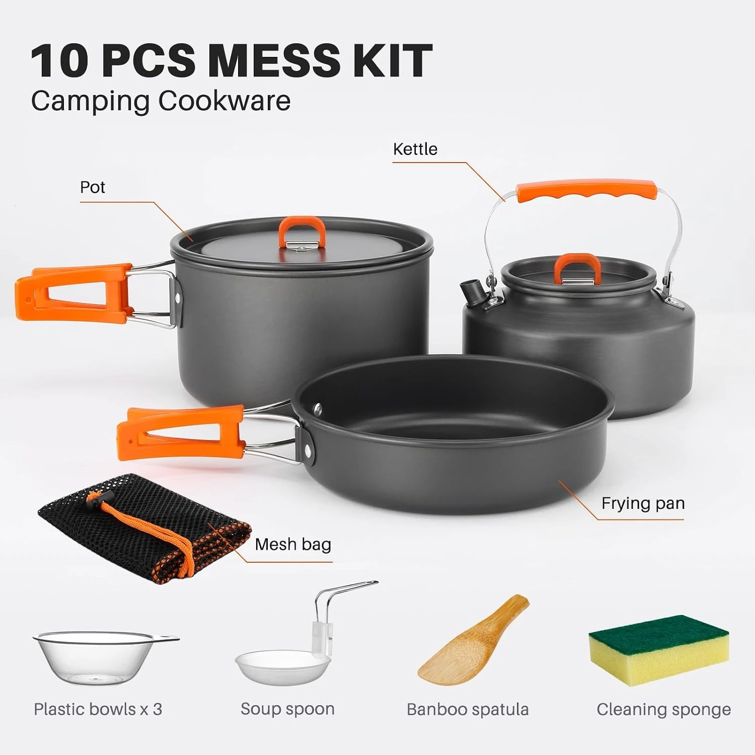 Open Fire Compatible 10Pcs Camping Cookware Set Stackable Outdoor Pots Pans Kit With Kettle Bowls Spoon For Hiking Backpacking Family Picnic - Image 5