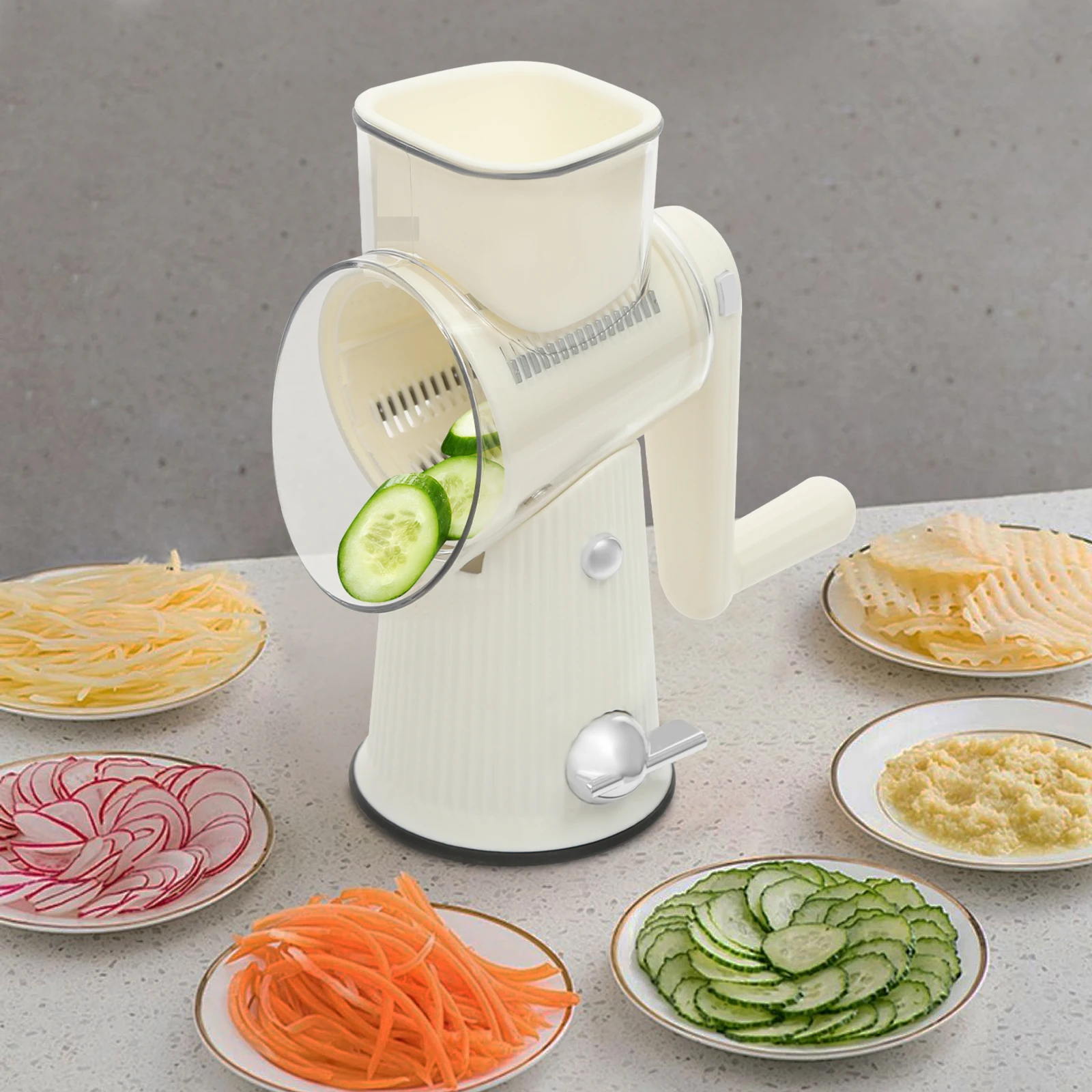 Rotary Cheese Grater Manual Cheese Vegetable Slicer Food Chopper with 5 Interchangeable BladesĀ & Suction Cup Base for Kitchen - Image 2
