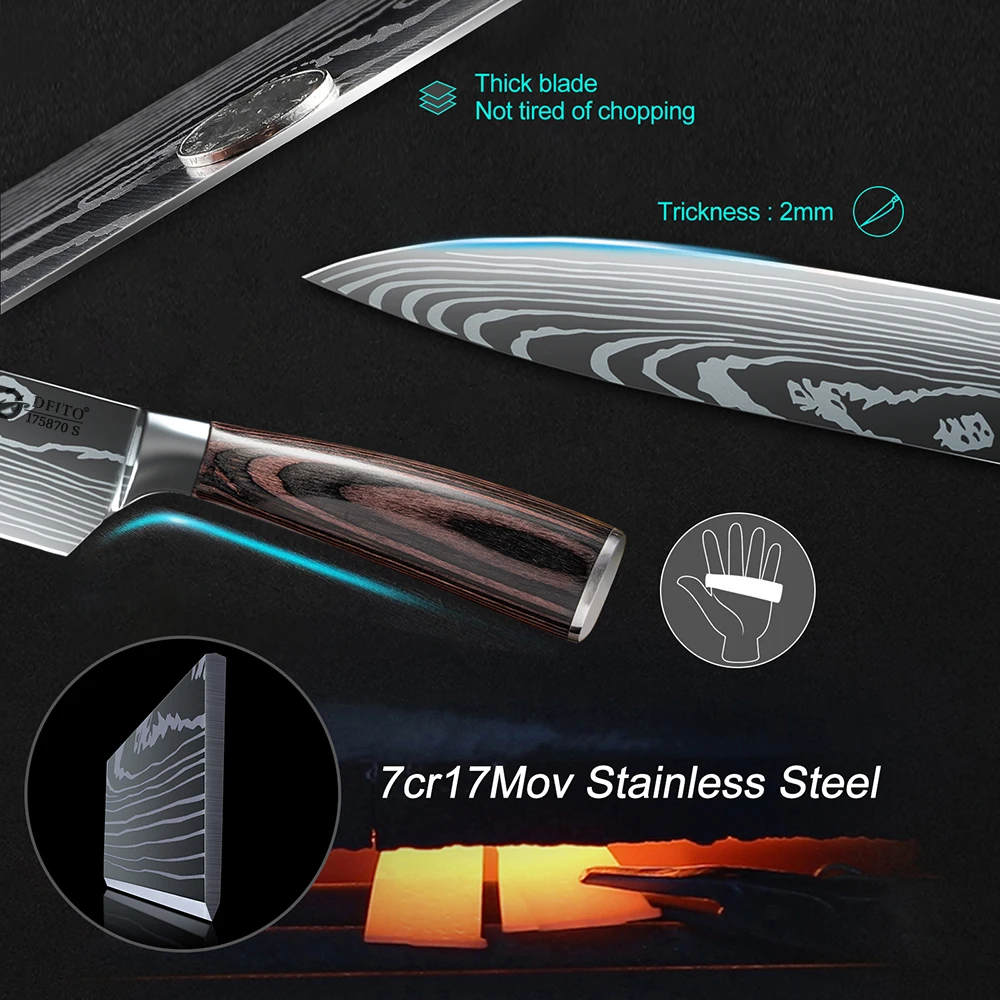 KEPEAK Kitchen Knife Set 7Cr17Mov Stainless Steel Chef Knife Ultra Sharp Santoku Cleaver Utility Knife Cooking Knives Nylon Bag - Image 5