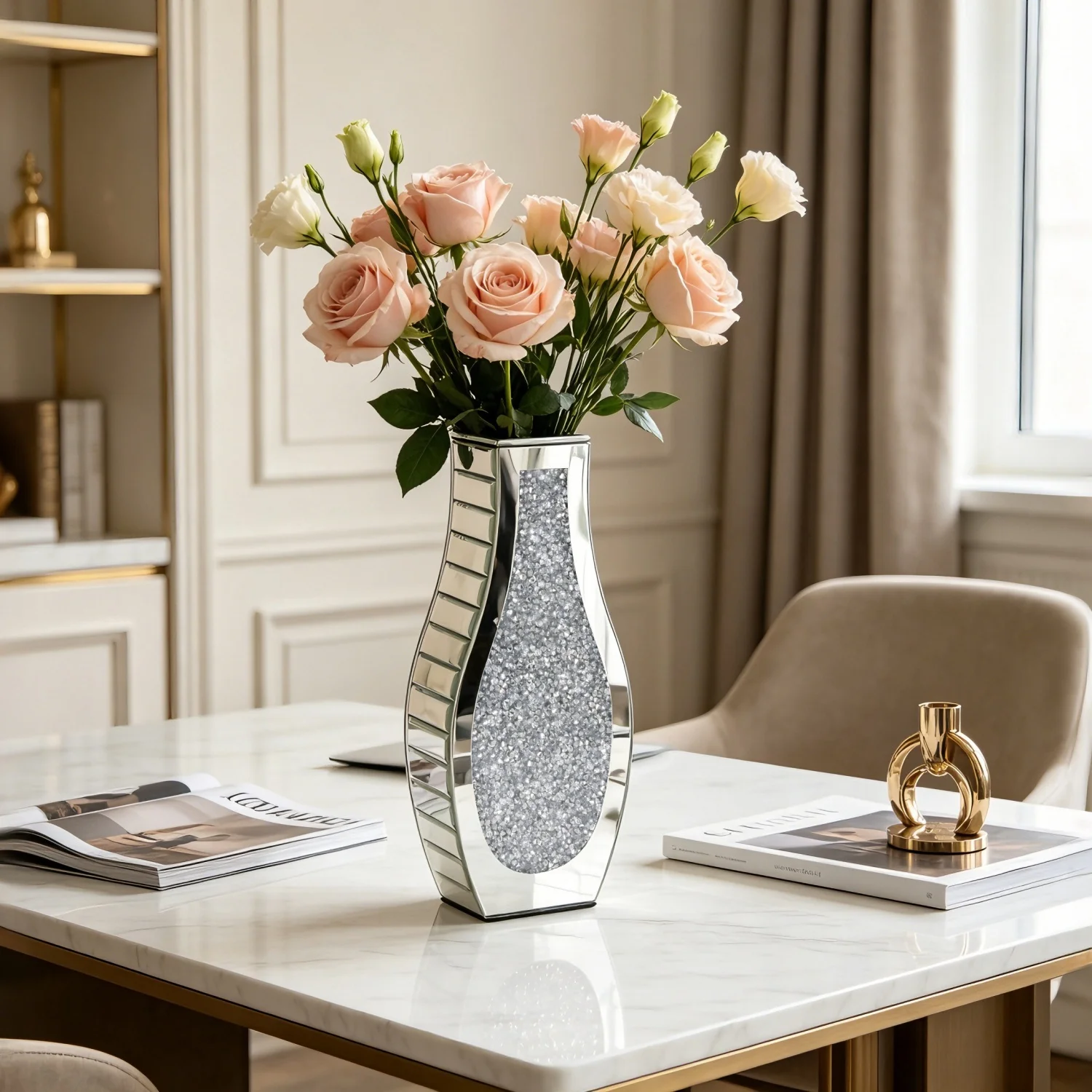 Modern Crushed Diamond Mirrored Flower Vase Glass Table Top Vase Crystal Decorative Mirror Vases Stunning for Home Decor - Image 3