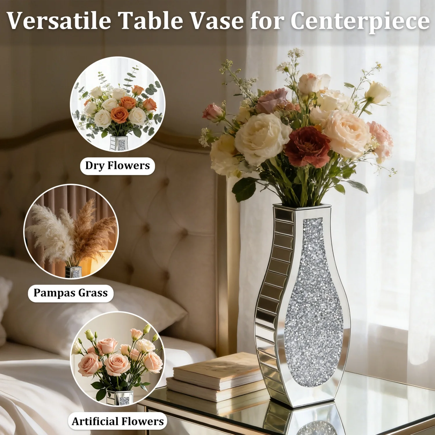 Modern Crushed Diamond Mirrored Flower Vase Glass Table Top Vase Crystal Decorative Mirror Vases Stunning for Home Decor - Image 4