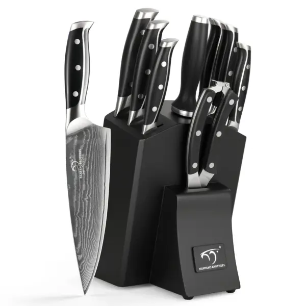 Multi-scenario Damascus chef's knife set - 9-piece set Ergonomic handle design. Chef's knife / Bread / Fruit knife / Kitchen scissors / Sharpening rod. Daily kitchen tools for preparing vegetables, fruits, meats, cheeses.