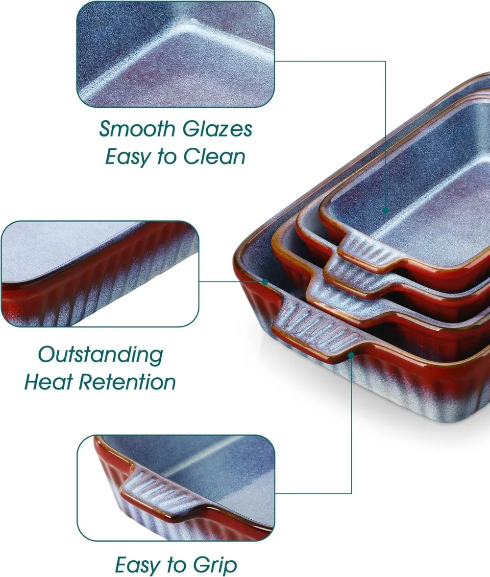 Reactive Glaze Ceramic Baking Dishes Set of 4, Gradient Red & Blue, Oven & Microwave Safe, Lasagna Pans with Handles - Image 4