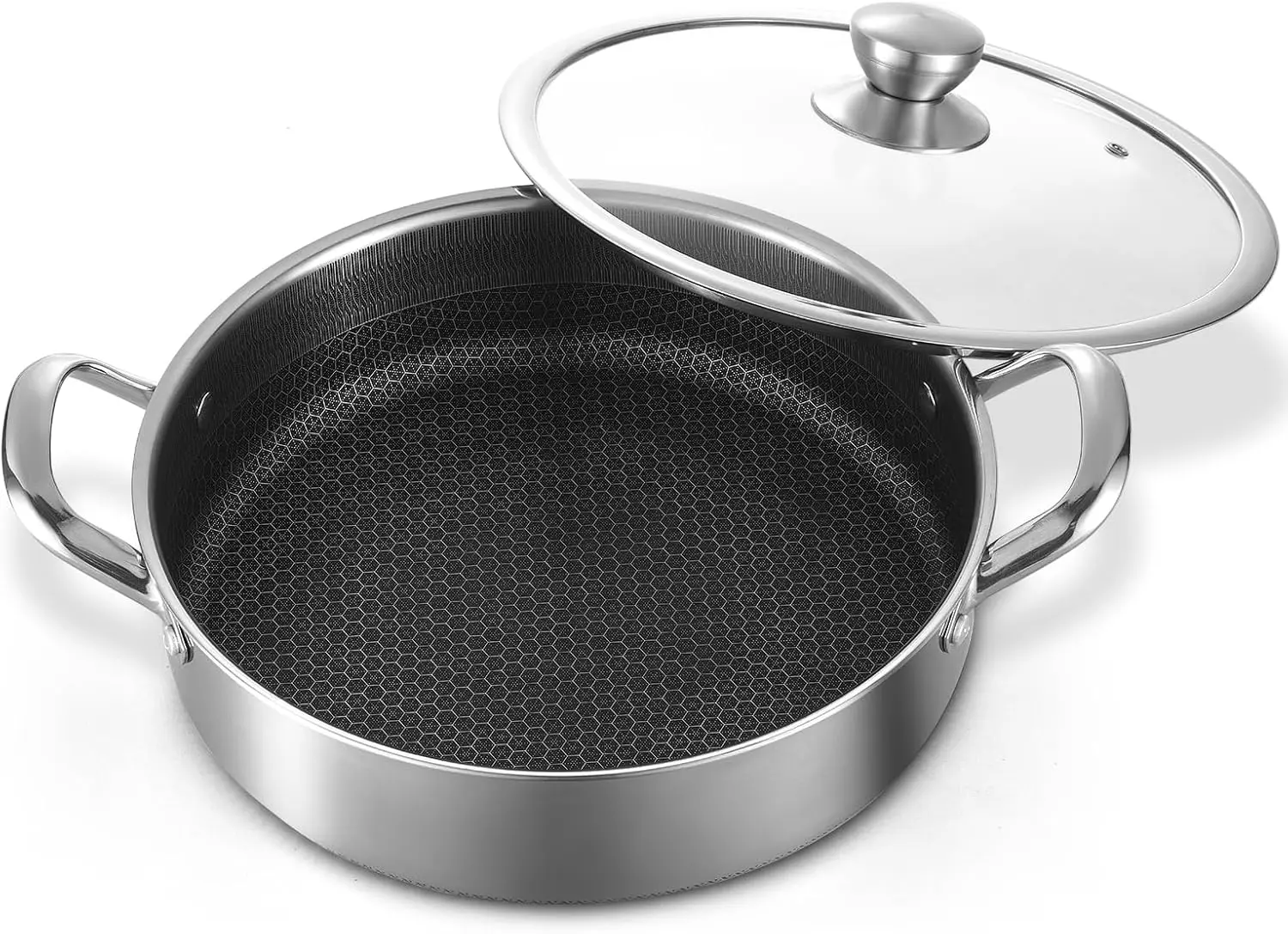 14 Inch Stainless Steel Deep Frying Pan with Lid Nonstick, 7QT Saute Pan Hybrid Induction Cooking, PFOA Free Large Skillet