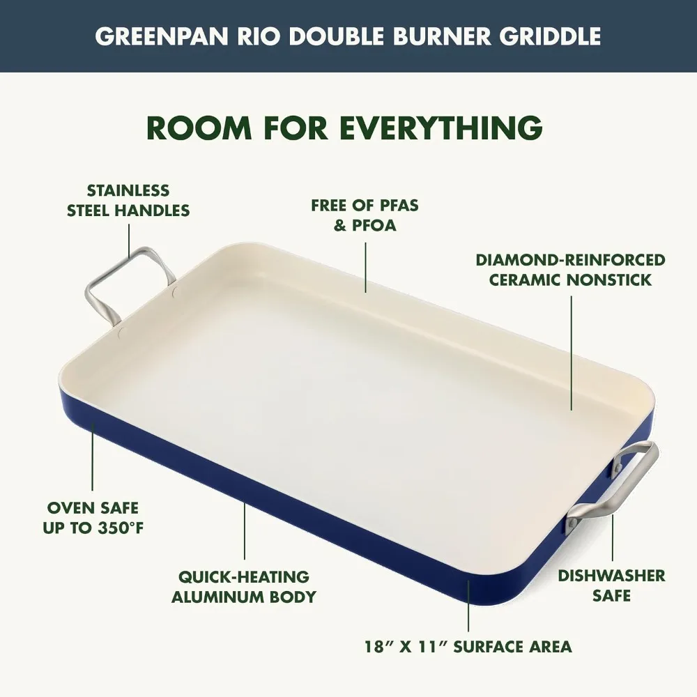 18x11 Double Burner Griddle Pan, Hard Anodized Healthy Ceramic Nonstick PFAS-Free, Stainless Steel Handles, Stovetop Cooking, Dishwasher Safe, Oven & Broiler Safe, Oxford Blue - Image 3
