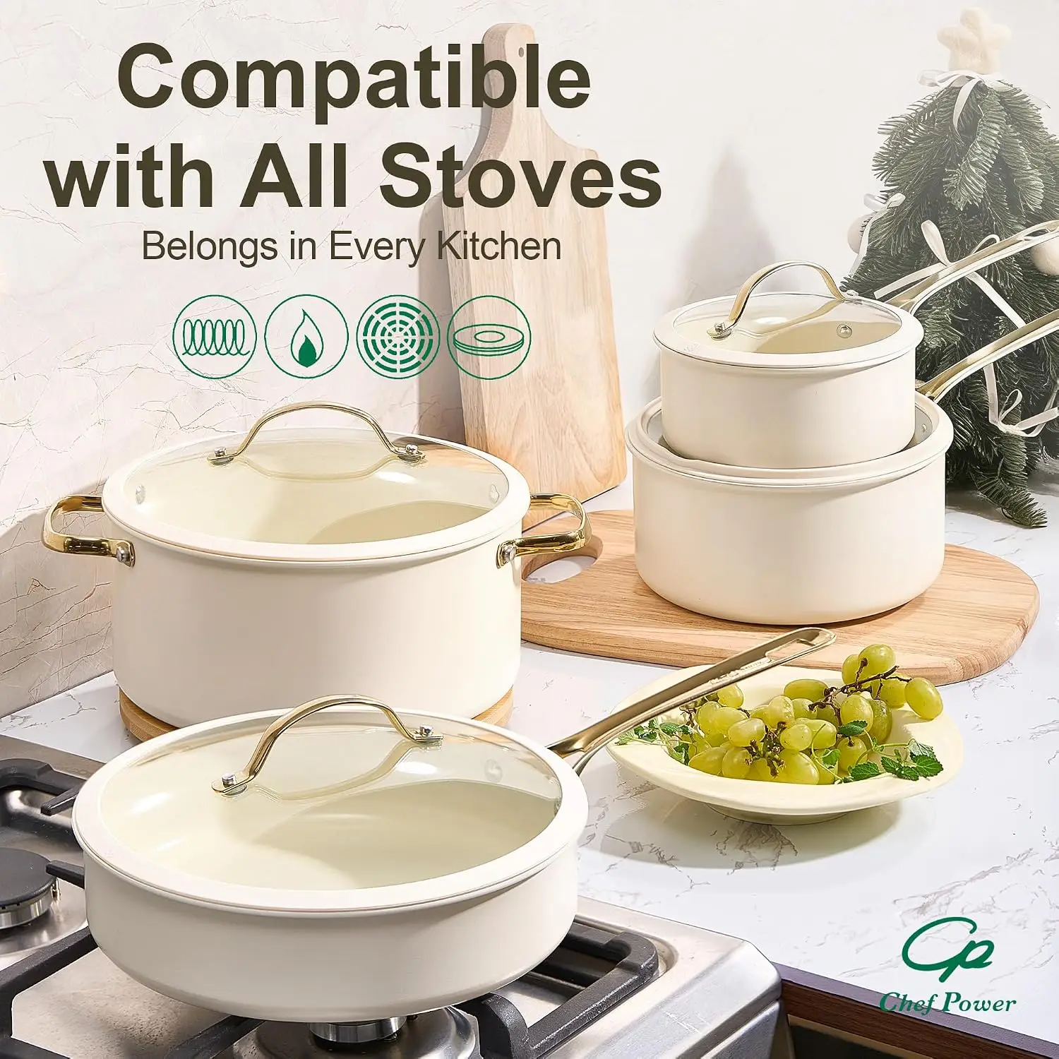 5Pcs Ceramic Nonstick Frying Pan Set with Stainless Steel Handle, Oven Safe Induction Cookware, Cream White - Image 5
