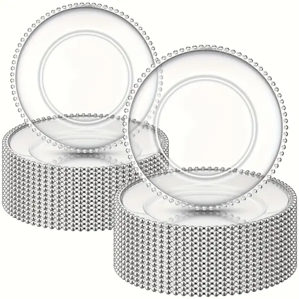 50PC 13-inch round plastic plates, with beaded edges, are exquisite decorative plates suitable for use at parties, weddings, birthdays, and holiday table settings.