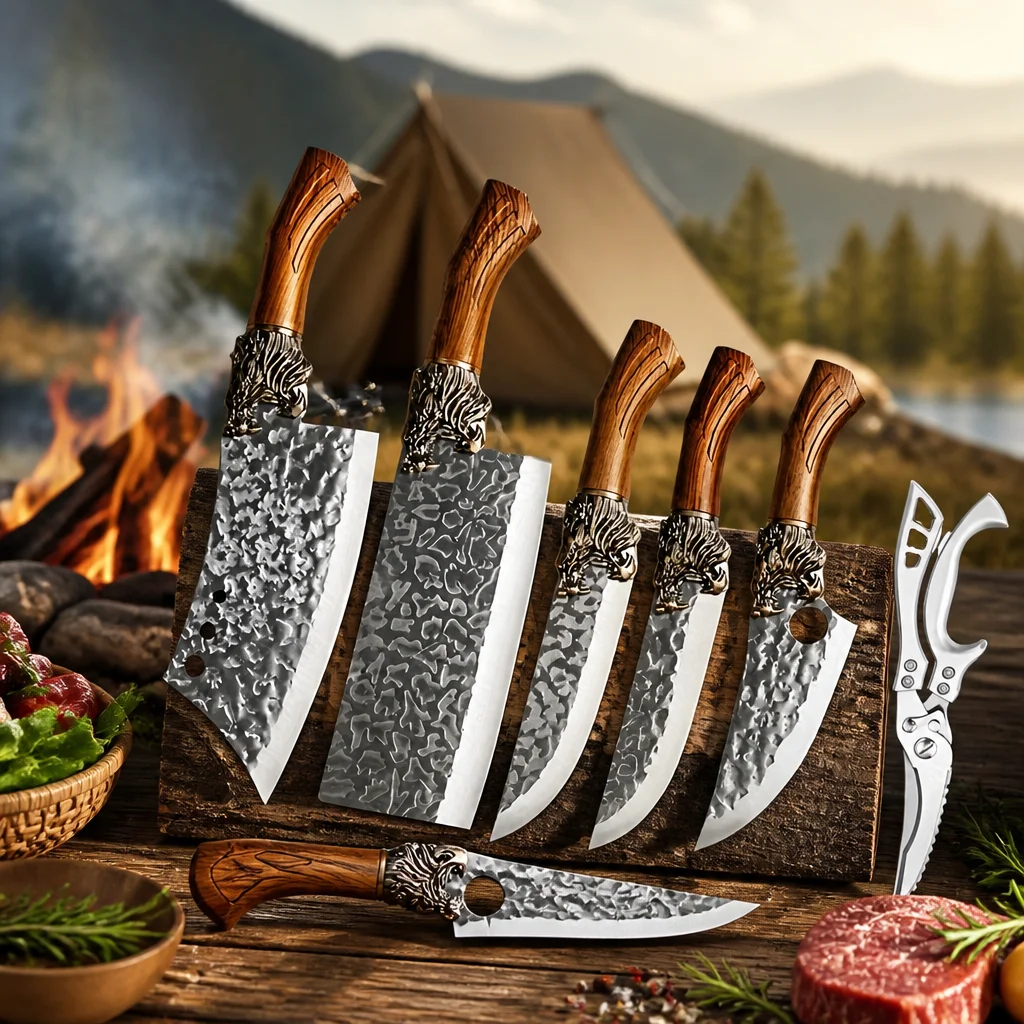 7Pcs Hand Forged Kitchen Knife Set Hammer Pattern Blade Lion Head Wooden Handle Cleaver Chef Boning Knife With Scissors For Camping Outdoor BBQ Home Cooking
