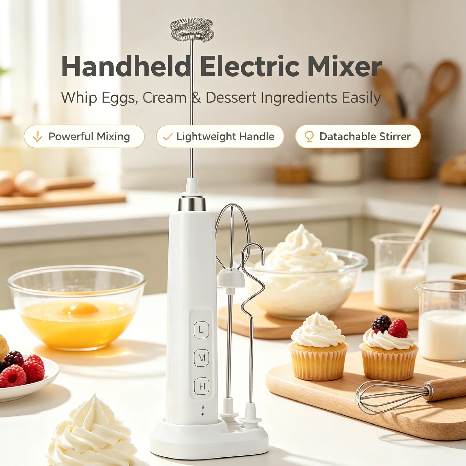 2.5W Rechargeable Handheld Milk Frother, 3 Speed Adjustable Electric Egg Beater Mixer, Stainless Steel Mini Frother Wand for Coffee, Protein Shakes