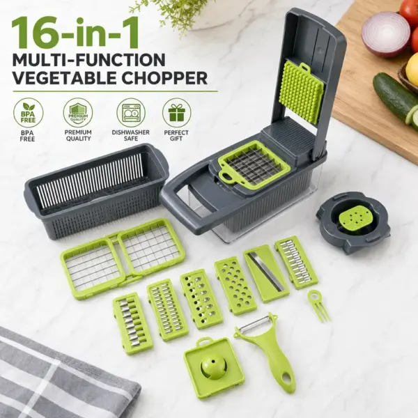 16-in-1 Vegetable Chopper PE+ABS Multi-Blade Kitchen Gadget for Home Cooking & Meal Prep