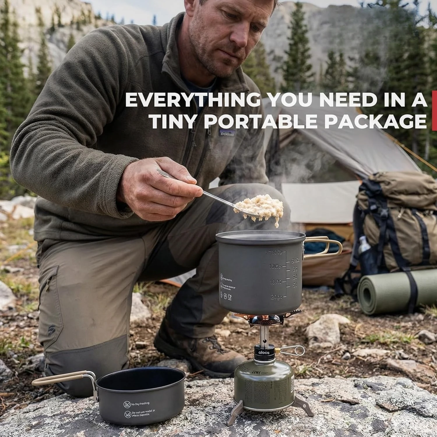 Lightweight Non Stick 9Pcs Camping Cookware Mess Kit With 3200W Backpacking Stove Gas Can Support Igniter 5 In 1 Spork For Solo Outdoor Camping Hiking Picnic - Image 5