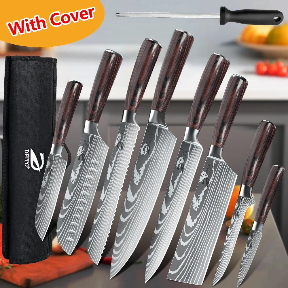 KEPEAK Kitchen Knife Set 7Cr17Mov Stainless Steel Chef Knife Ultra Sharp Santoku Cleaver Utility Knife Cooking Knives Nylon Bag - Image 3