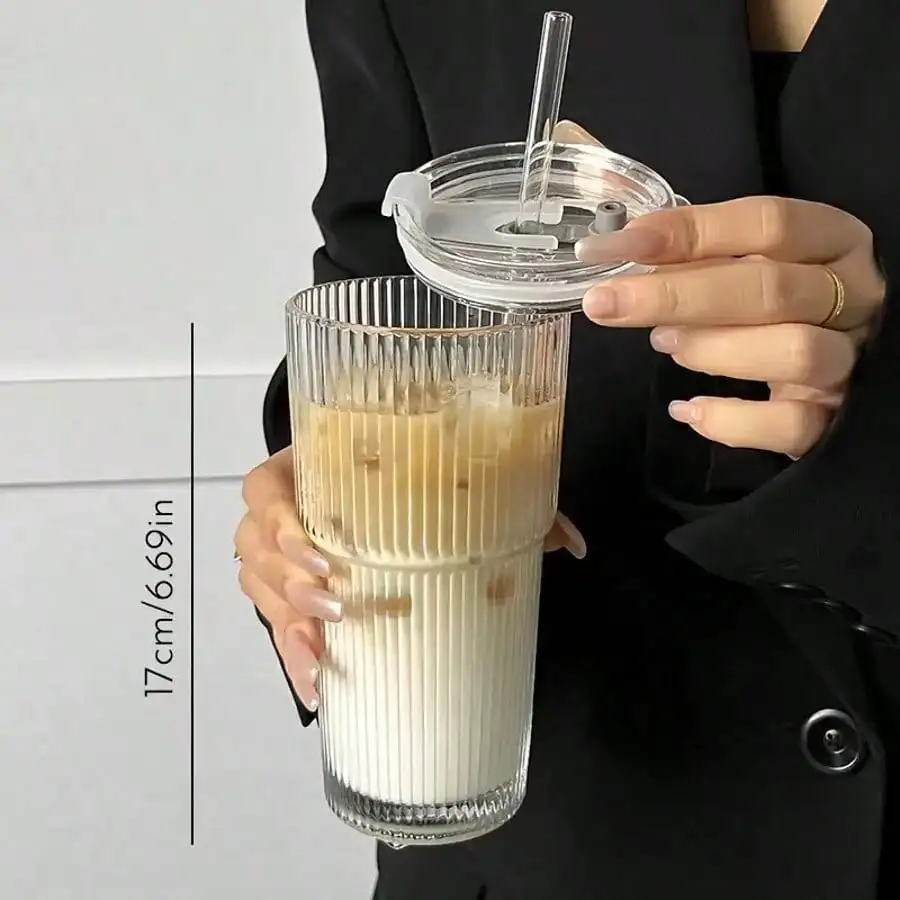 2 PCS 20OZ Vertical Striped Glass Tumblers With Lids And Glass Straws Clear Reusable Iced Coffee Cups Drinking Glass For Juice Cocktail Milk Tea - Image 4