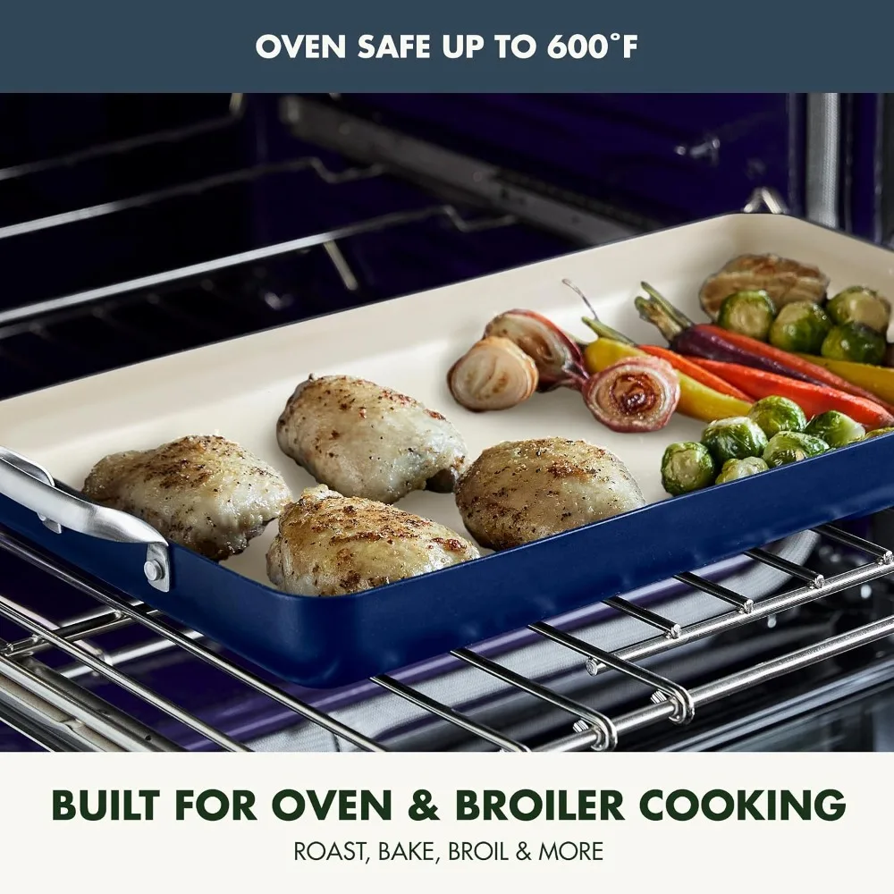 18x11 Double Burner Griddle Pan, Hard Anodized Healthy Ceramic Nonstick PFAS-Free, Stainless Steel Handles, Stovetop Cooking, Dishwasher Safe, Oven & Broiler Safe, Oxford Blue - Image 6