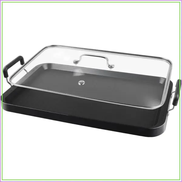 2 Burner Griddle Pan with Glass Lid, Non-Stick Aluminum, for Gas & Electric Stoves, Camping & Home