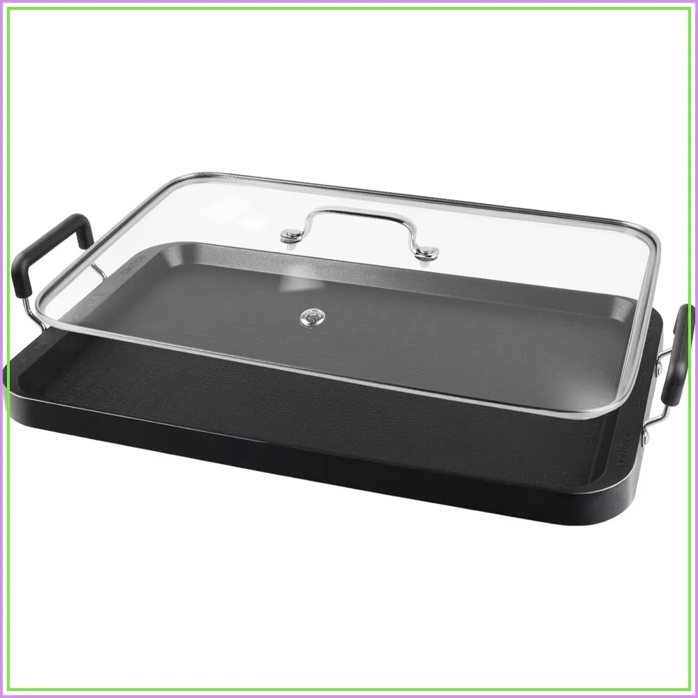2 Burner Griddle Pan with Glass Lid, Non-Stick Aluminum, for Gas & Electric Stoves, Camping & Home