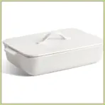 9x13 Ceramic Casserole Dish with Lid, Oven & Microwave Safe, Rectangular Bakeware with Handles, White