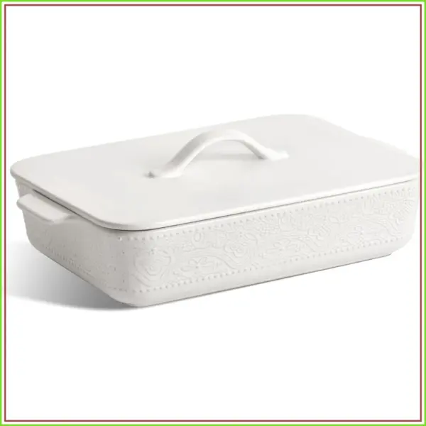 9x13 Ceramic Casserole Dish with Lid, Oven & Microwave Safe, Rectangular Bakeware with Handles, White