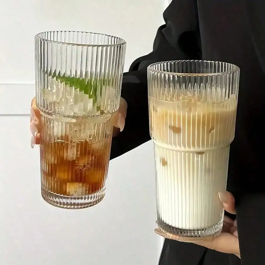 2 PCS 20OZ Vertical Striped Glass Tumblers With Lids And Glass Straws Clear Reusable Iced Coffee Cups Drinking Glass For Juice Cocktail Milk Tea - Image 2
