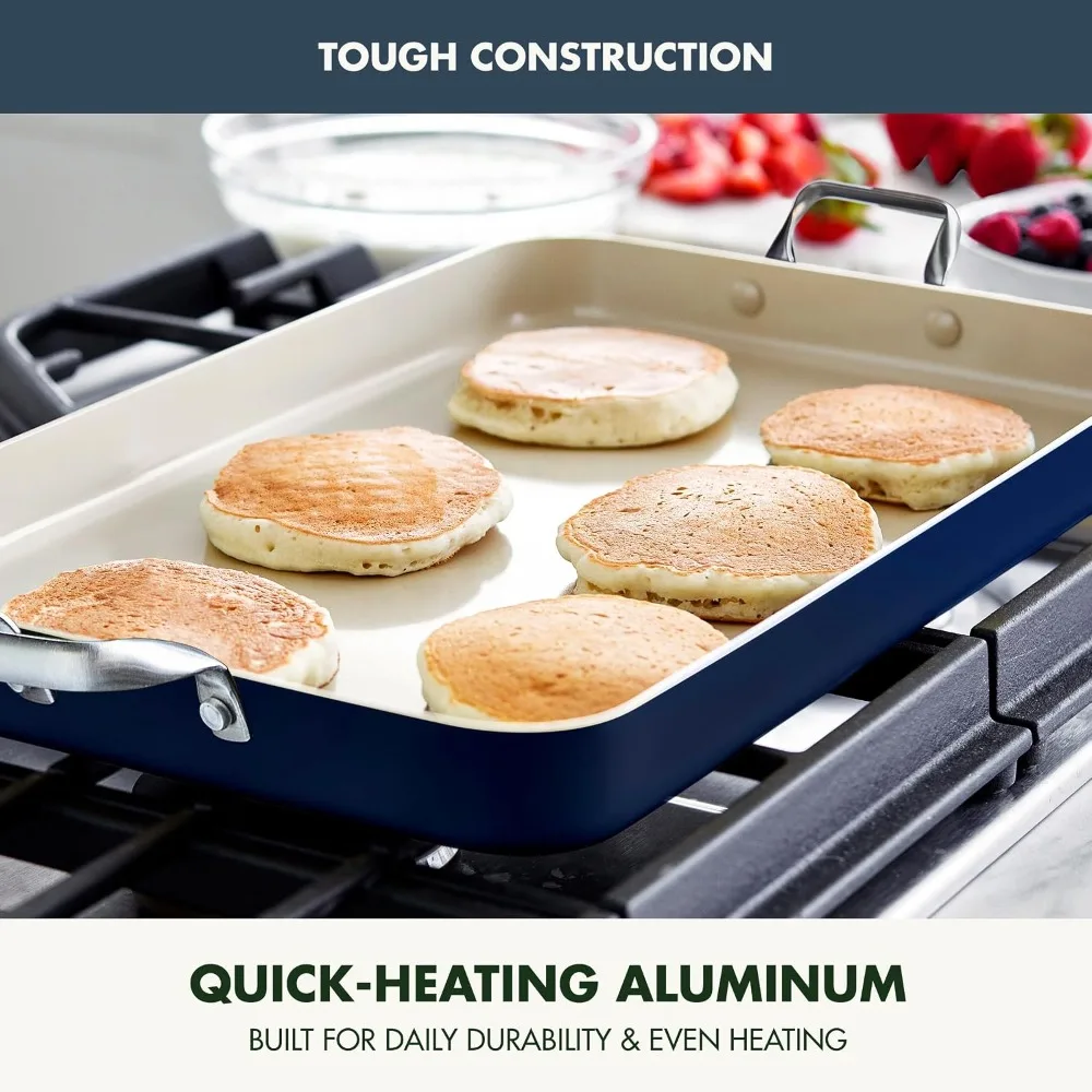 18x11 Double Burner Griddle Pan, Hard Anodized Healthy Ceramic Nonstick PFAS-Free, Stainless Steel Handles, Stovetop Cooking, Dishwasher Safe, Oven & Broiler Safe, Oxford Blue - Image 4