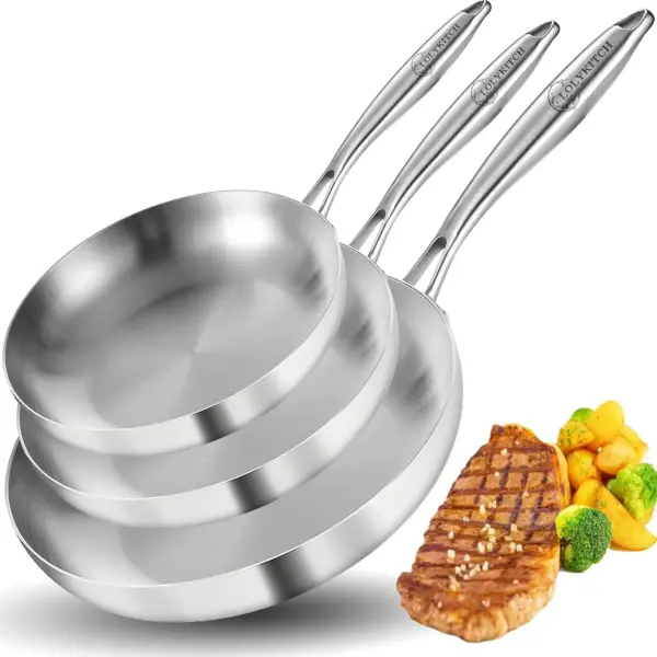 8+10+12 Inch Tri-Ply Stainless Steel Frying Pan Set, Professional Skillet Fast Even Heating, Induction Oven Safe, Detachable Handle