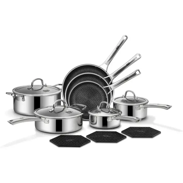 SNOWCLAD Pots and Pans Set Non Stick 14 Pcs Hybrid Stainless Steel Cookware Sets Non Stick Frying Pans Saucepans Saute Pan and