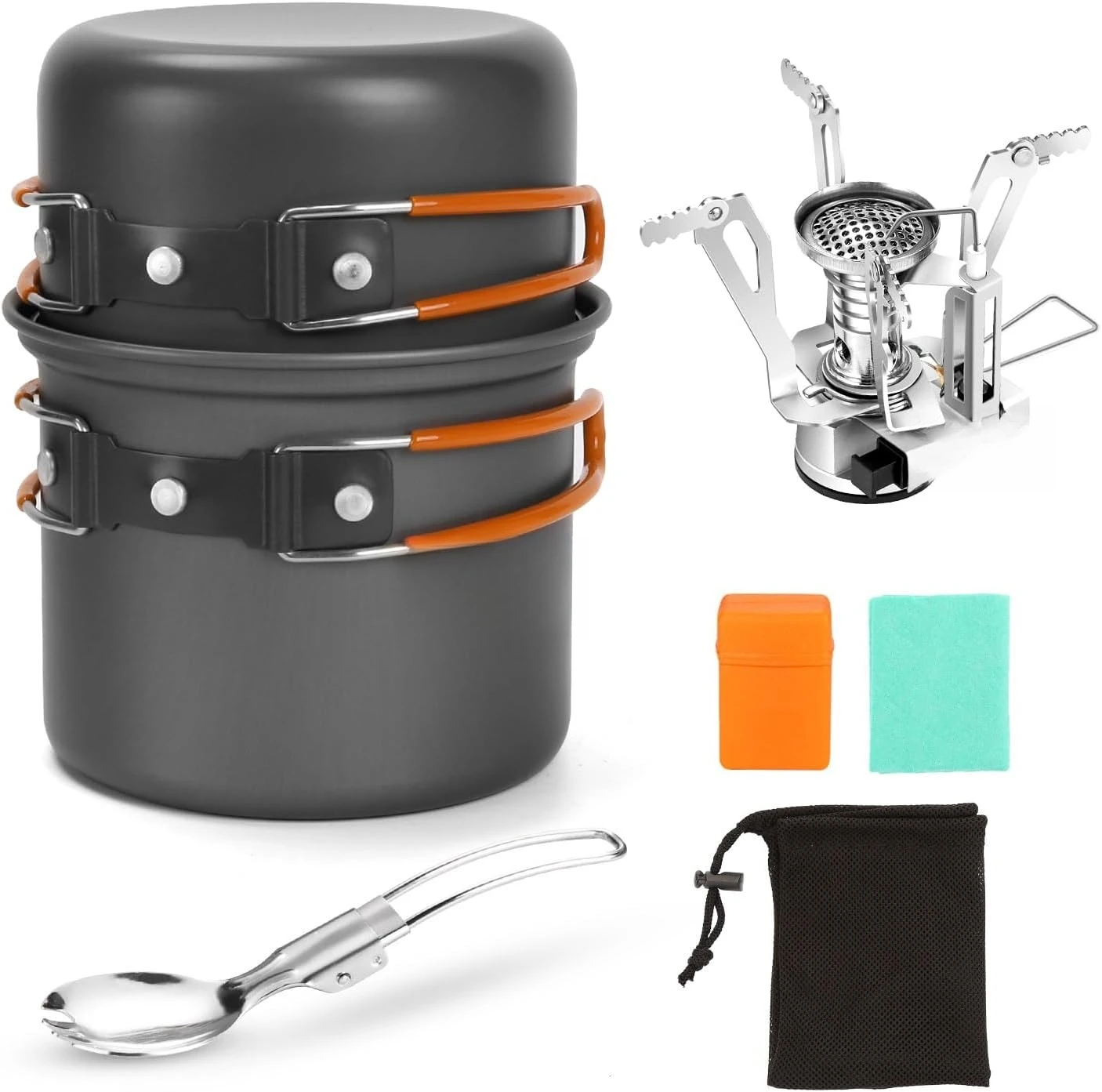 Lightweight 6Pcs Camping Cookware Mess Kit With Cooking Pot Backpacking Stove Multi Spork And Mesh Carry Bag For Solo Outdoor Camping Hiking Picnic