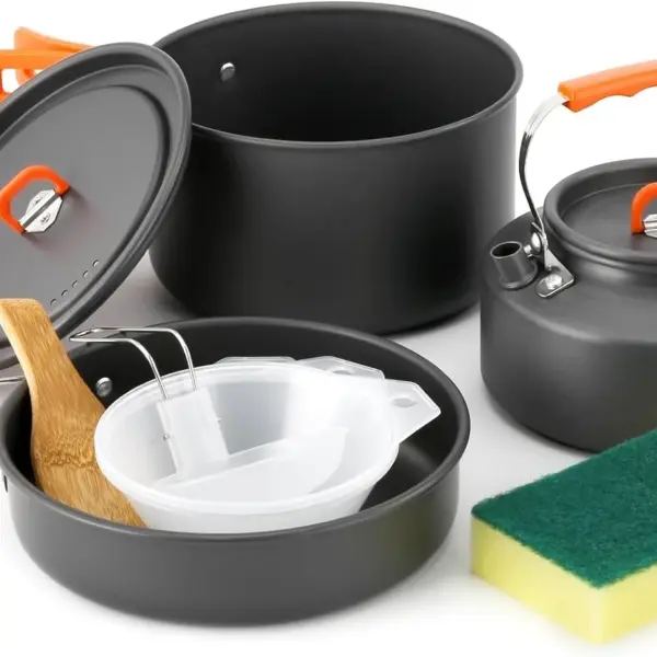 Open Fire Compatible 10Pcs Camping Cookware Set Stackable Outdoor Pots Pans Kit With Kettle Bowls Spoon For Hiking Backpacking Family Picnic
