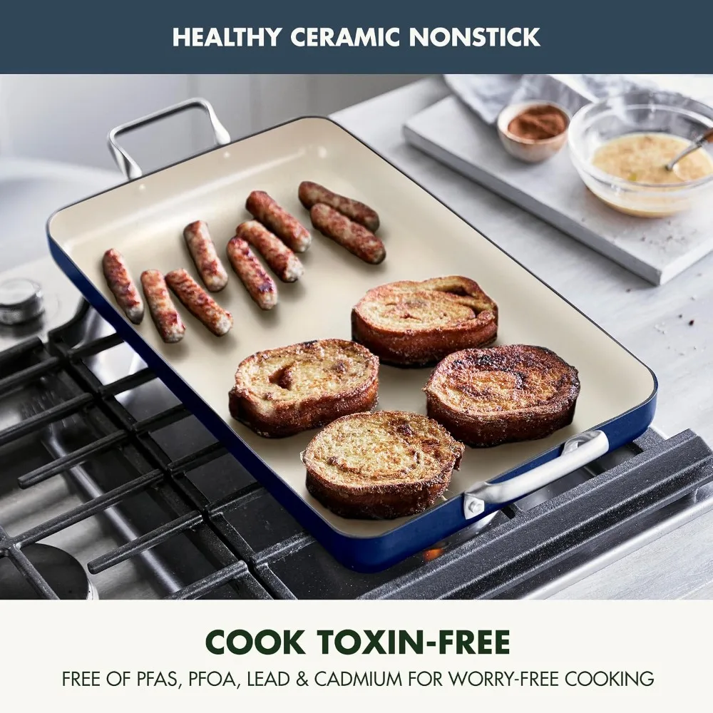 18x11 Double Burner Griddle Pan, Hard Anodized Healthy Ceramic Nonstick PFAS-Free, Stainless Steel Handles, Stovetop Cooking, Dishwasher Safe, Oven & Broiler Safe, Oxford Blue - Image 2