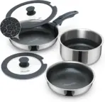 6-Piece Nonstick Pots and Pans Set, Tri-Ply Stainless Steel Cookware with Detachable Handle, PFOA Free, Dishwasher Safe, for All Cooktops