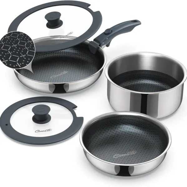 6-Piece Nonstick Pots and Pans Set, Tri-Ply Stainless Steel Cookware with Detachable Handle, PFOA Free, Dishwasher Safe, for All Cooktops