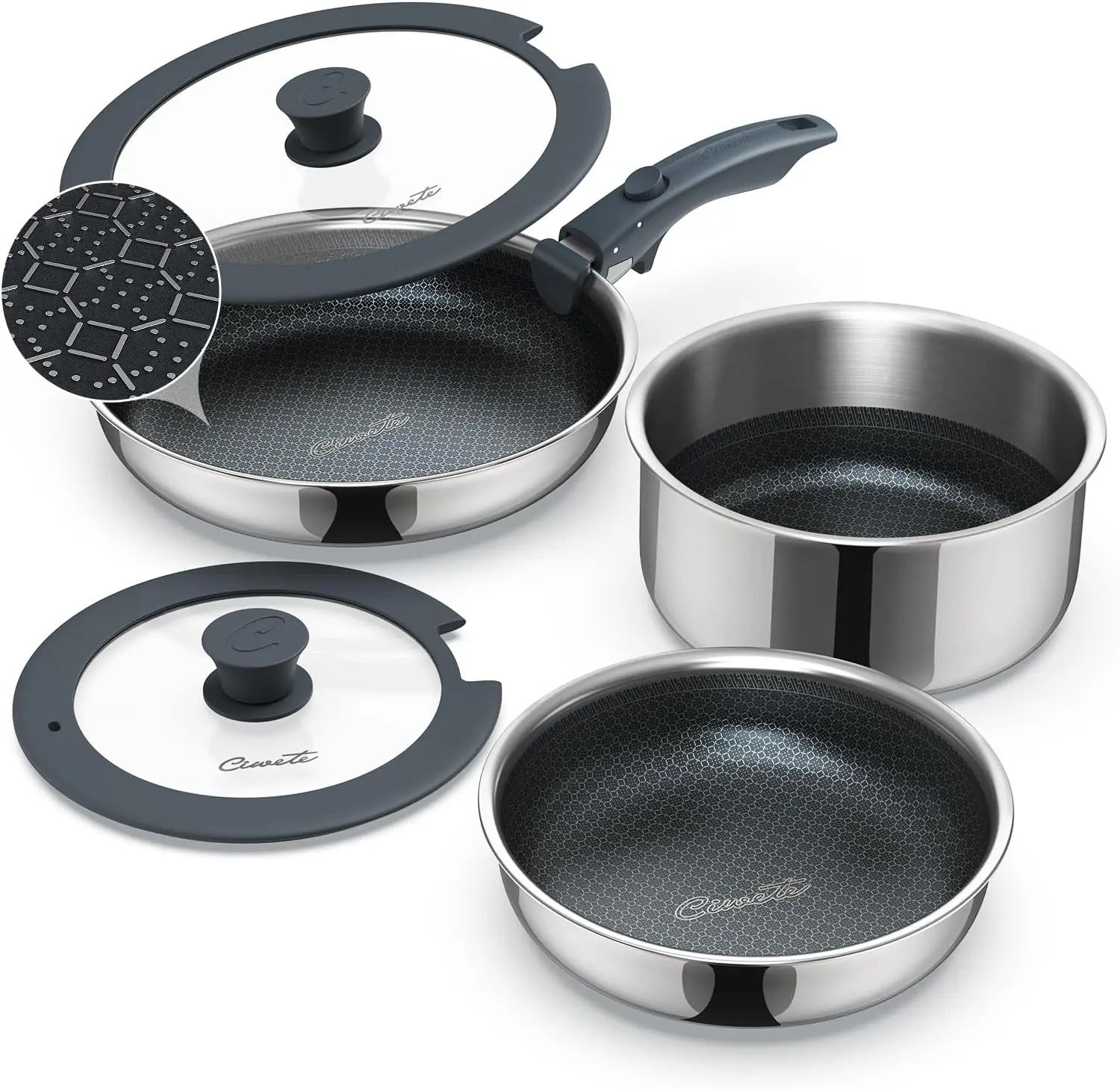6-Piece Nonstick Pots and Pans Set, Tri-Ply Stainless Steel Cookware with Detachable Handle, PFOA Free, Dishwasher Safe, for All Cooktops