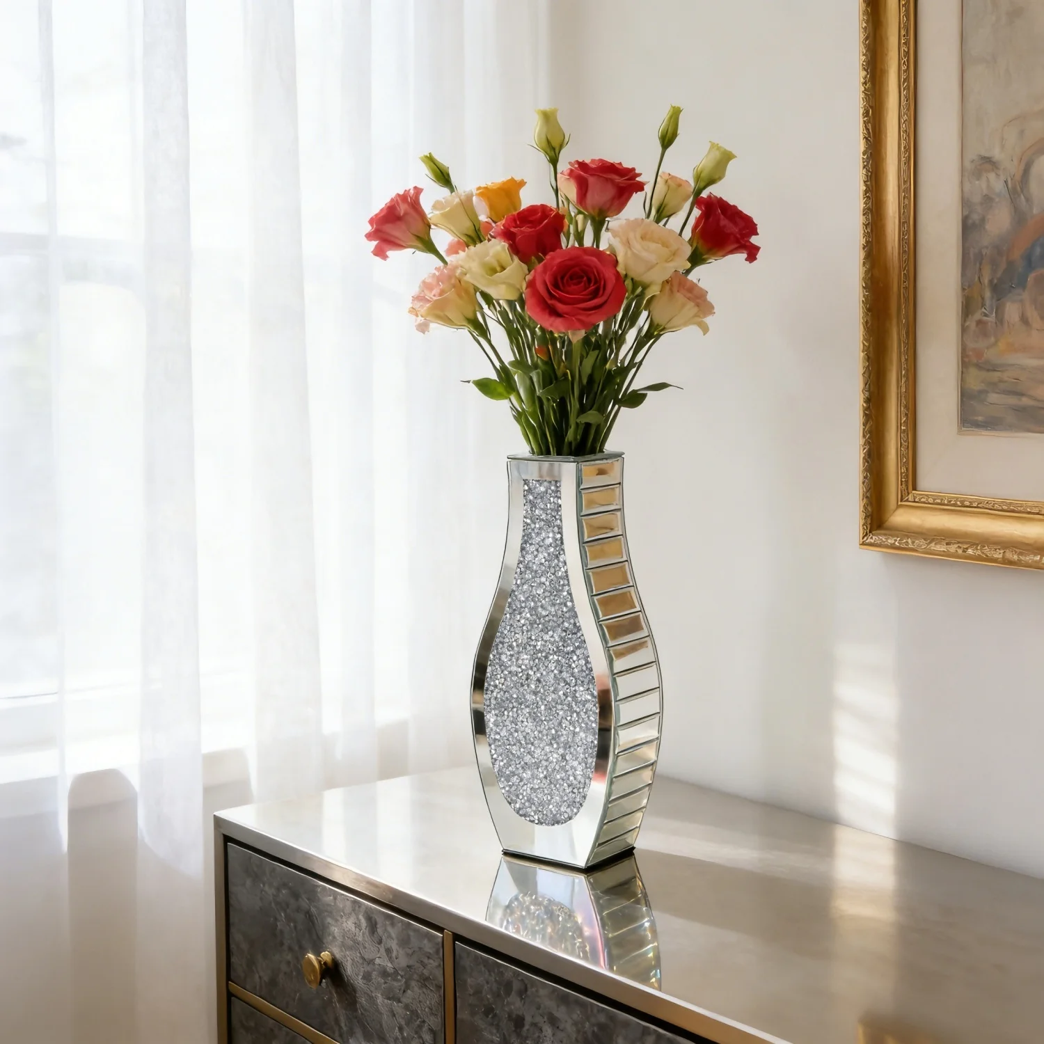 Modern Crushed Diamond Mirrored Flower Vase Glass Table Top Vase Crystal Decorative Mirror Vases Stunning for Home Decor - Image 2