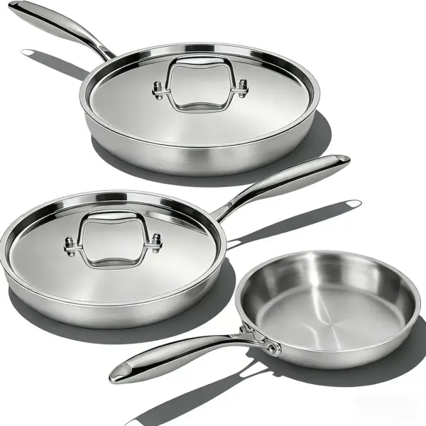 5-Ply Stainless Steel Frying Pan Set 3-Piece, 8/10/12 Inch Skillet, Induction Oven Safe, Dishwasher Safe, Heavy Duty Cookware