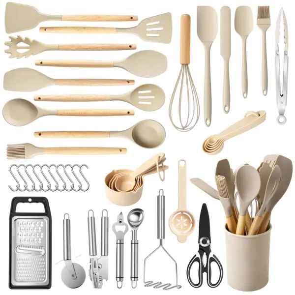 Silicone Wooden Handle 44-Piece Non-Stick Kitchen Utensil Set Food-Grade Heat-Resistant Cookware Set for Kitchen & Baking